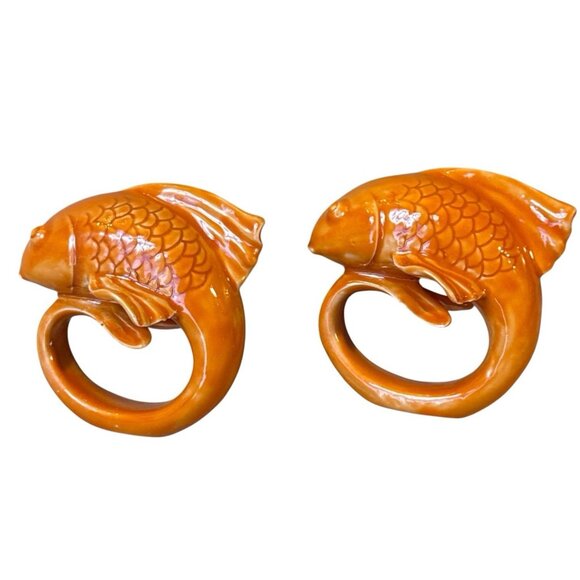 Set Of 2 Pottery Barn Bright Orange Ceramic Fish-Shaped Napkin Rings - Picture 2 of 9